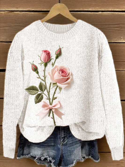 Women's Pink Floral Embroidered Knit Sweater