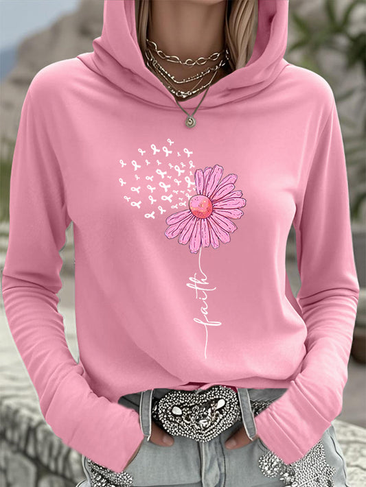 Women's Pink Ribbon Sunflower Faith Breast Cancer Awareness Support Hooded Top