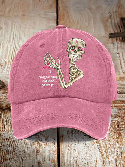 Unisex Funny Breast Cancer Awarenessd Skull Check Your Boobs Mine Tried To Kill Me Print Baseball Cap