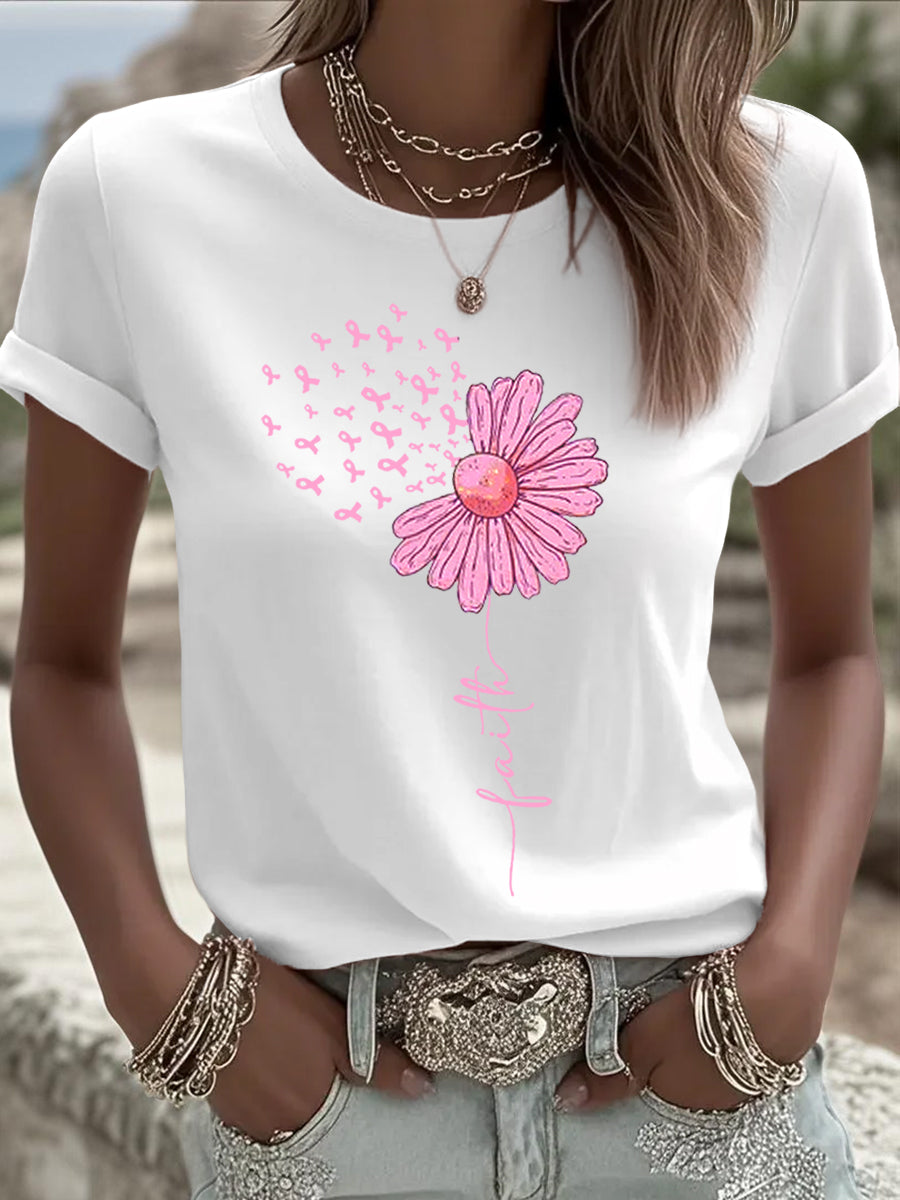 Women's Pink Ribbon Sunflower Print Breast Cancer Awareness Support Tee