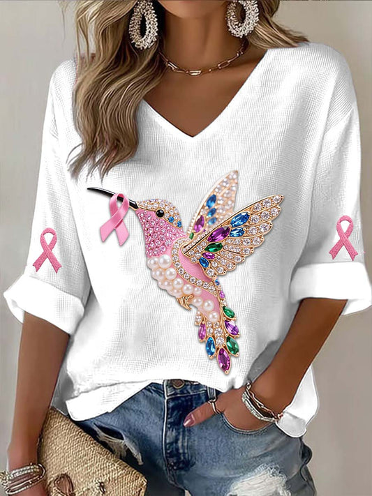 Vintage Vintage Hummingbird Colorful Pearls Breast Cancer Print Casual Cotton Long Sleeve T-Shirt