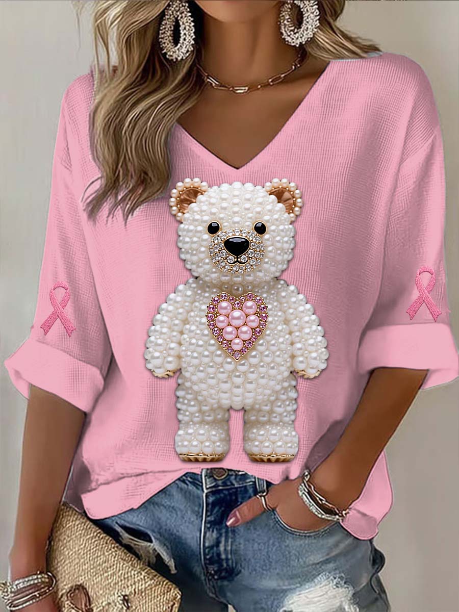 Vintage Love Bear Pearl Breast Cancer Print Casual Cotton Long Sleeve T-Shirt