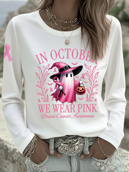 Women's In October We Wear Pink Halloween Pink Ghost Breast Cancer Awareness Support  Long Sleeve T-Shirt