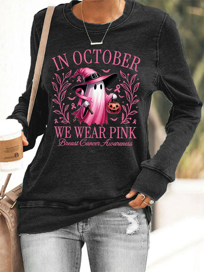 Women's In October We Wear Pink Halloween Pink Ghost Breast Cancer Awareness Support Sweatshirt
