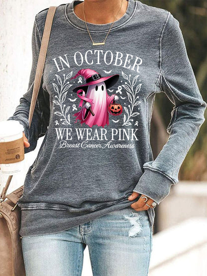 Women's In October We Wear Pink Halloween Pink Ghost Breast Cancer Awareness Support Sweatshirt