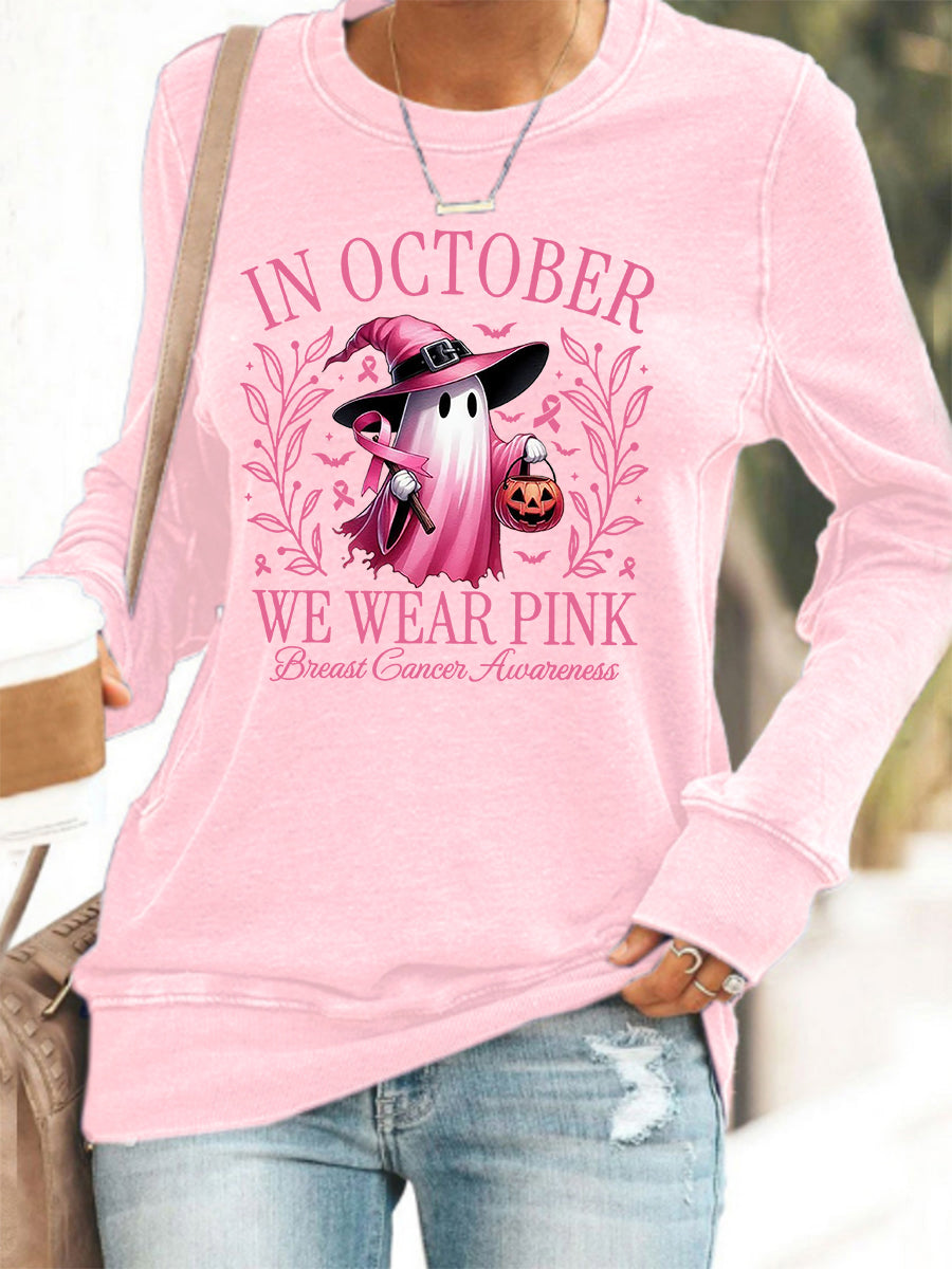 Women's In October We Wear Pink Halloween Pink Ghost Breast Cancer Awareness Support Sweatshirt