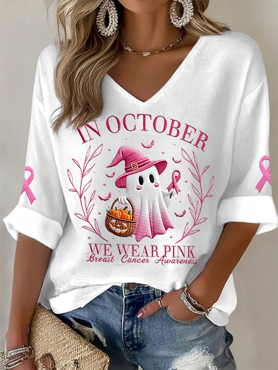 Women's In October We Wear Pink Halloween Pink Ghost Breast Cancer Awareness Support  Long Sleeve Top