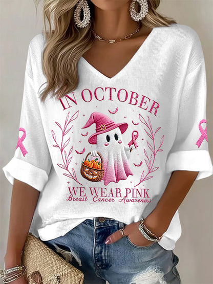 Women's In October We Wear Pink Halloween Pink Ghost Breast Cancer Awareness Support  Long Sleeve Top