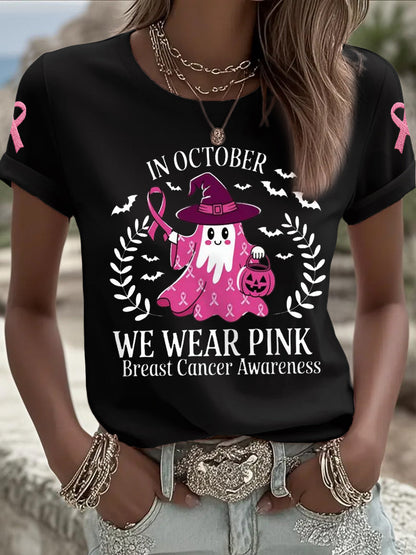 Women's In October We Wear Pink Halloween Pink Ghost Breast Cancer Awareness Support Tee