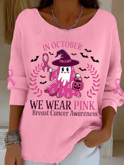 Women's In October We Wear Pink Halloween Pink Ghost Breast Cancer Awareness Support  Long Sleeve Top