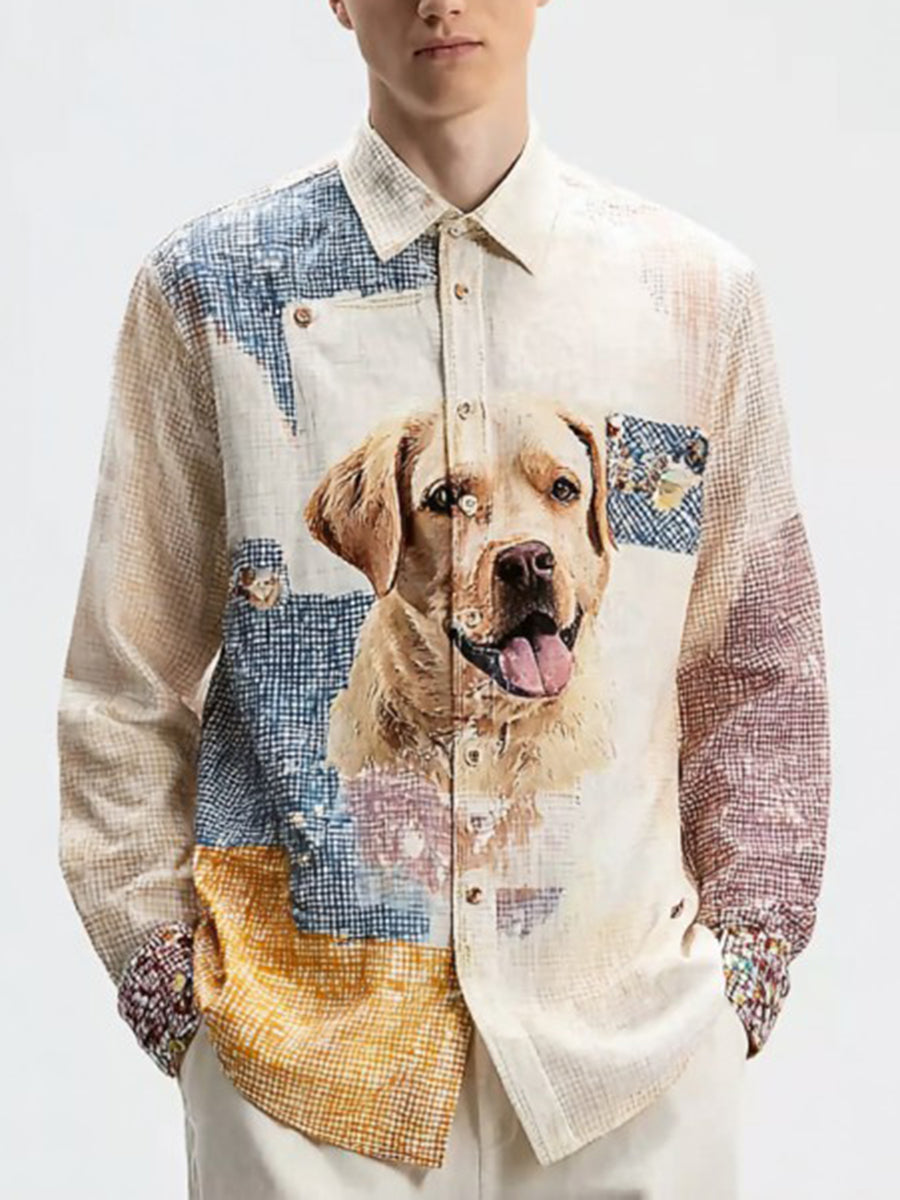 Men's Vintage Patchwork Dog Print Art Casual Shirt