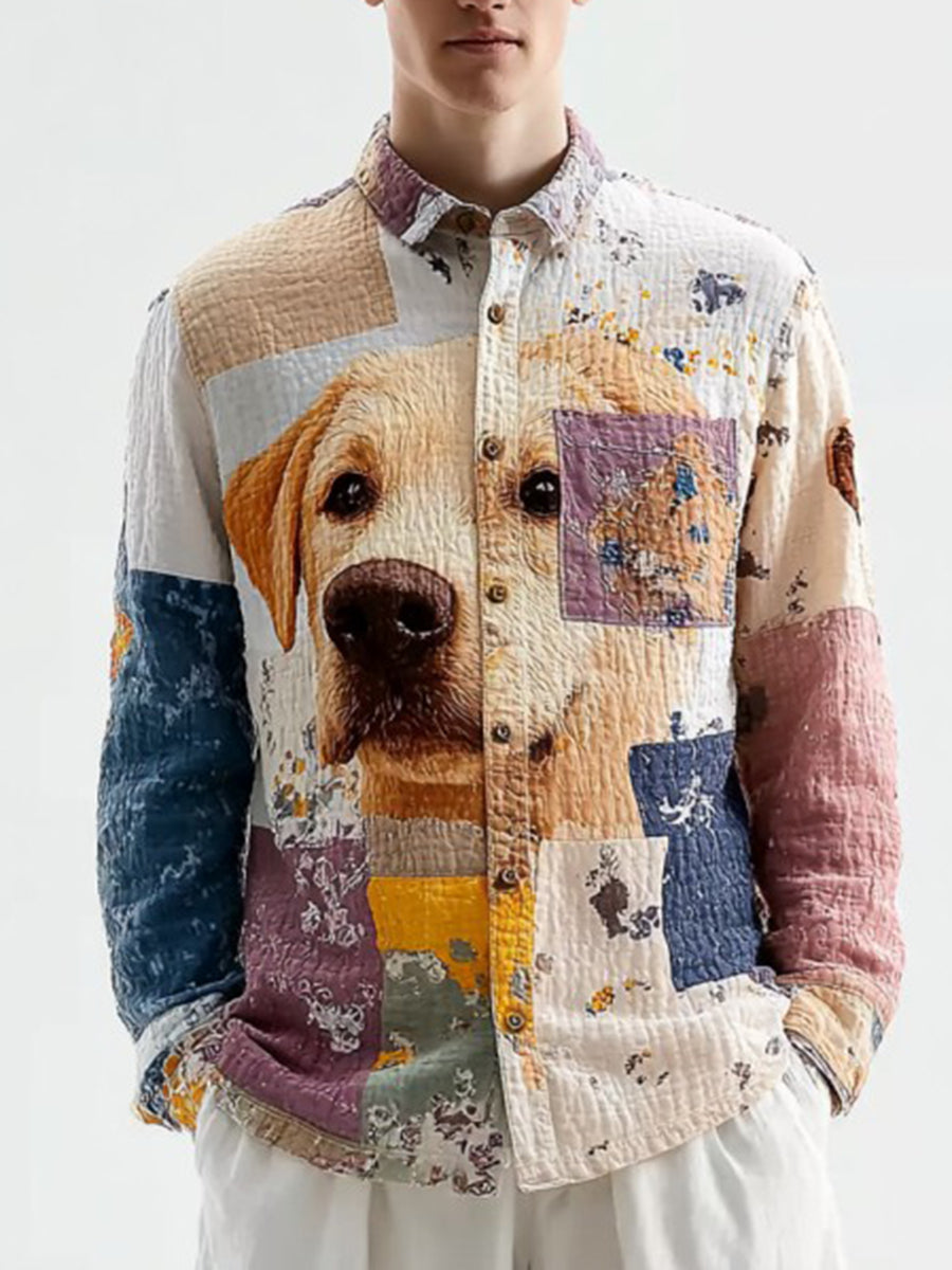Men's Vintage Patchwork Dog Print Art Casual Shirt