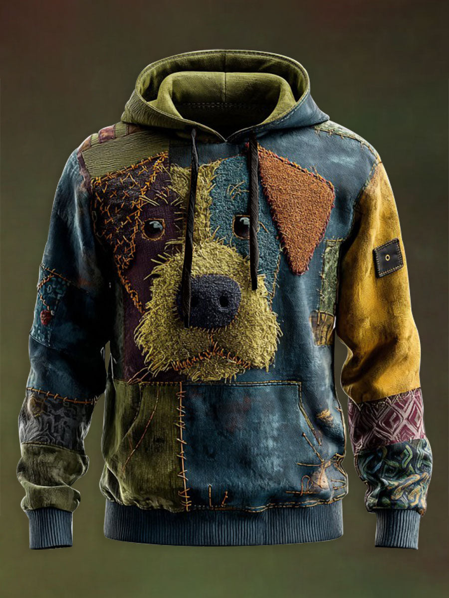 Vintage Patchwork Dog Print Art Casual Hoodie