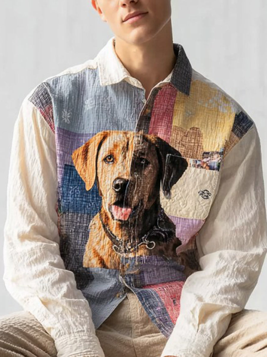 Men's Vintage Patchwork Dog Print Art Casual Shirt