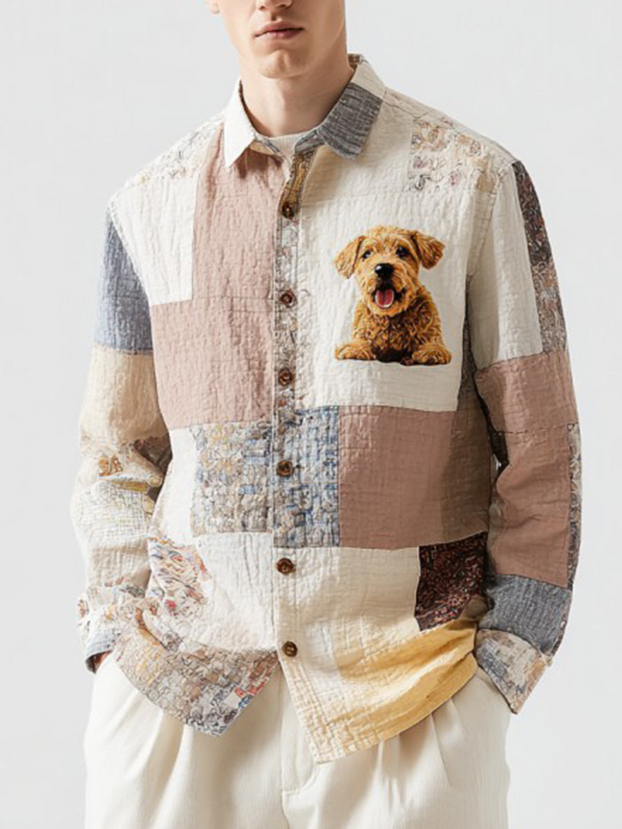 Men's Vintage Patchwork Dog Print Art Casual Shirt