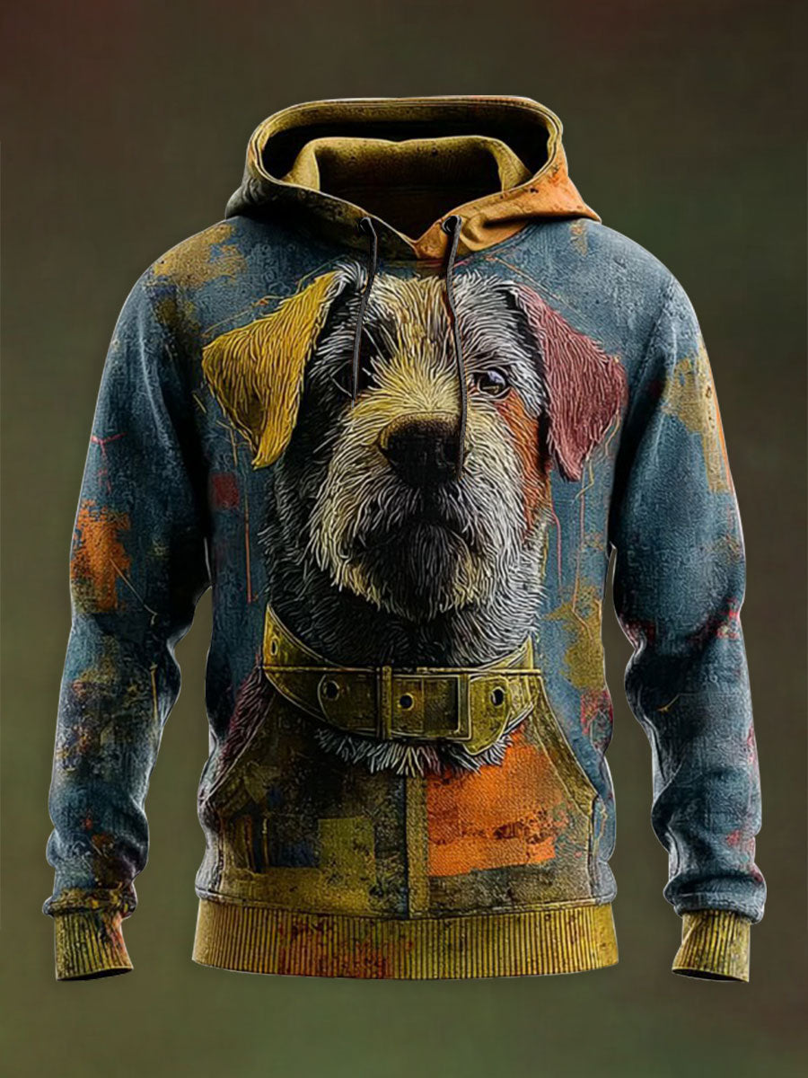 Vintage Patchwork Dog Print Art Casual Hoodie