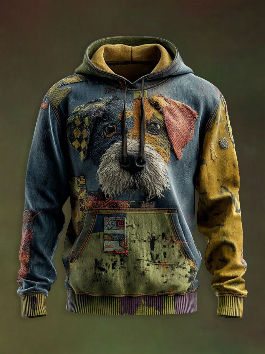 Vintage Patchwork Dog Print Art Casual Hoodie