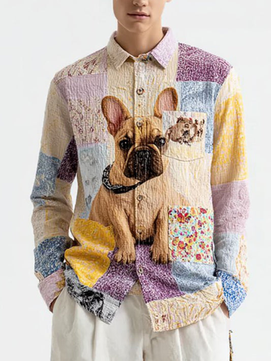 Men's Vintage Patchwork Dog Print Art Casual Shirt