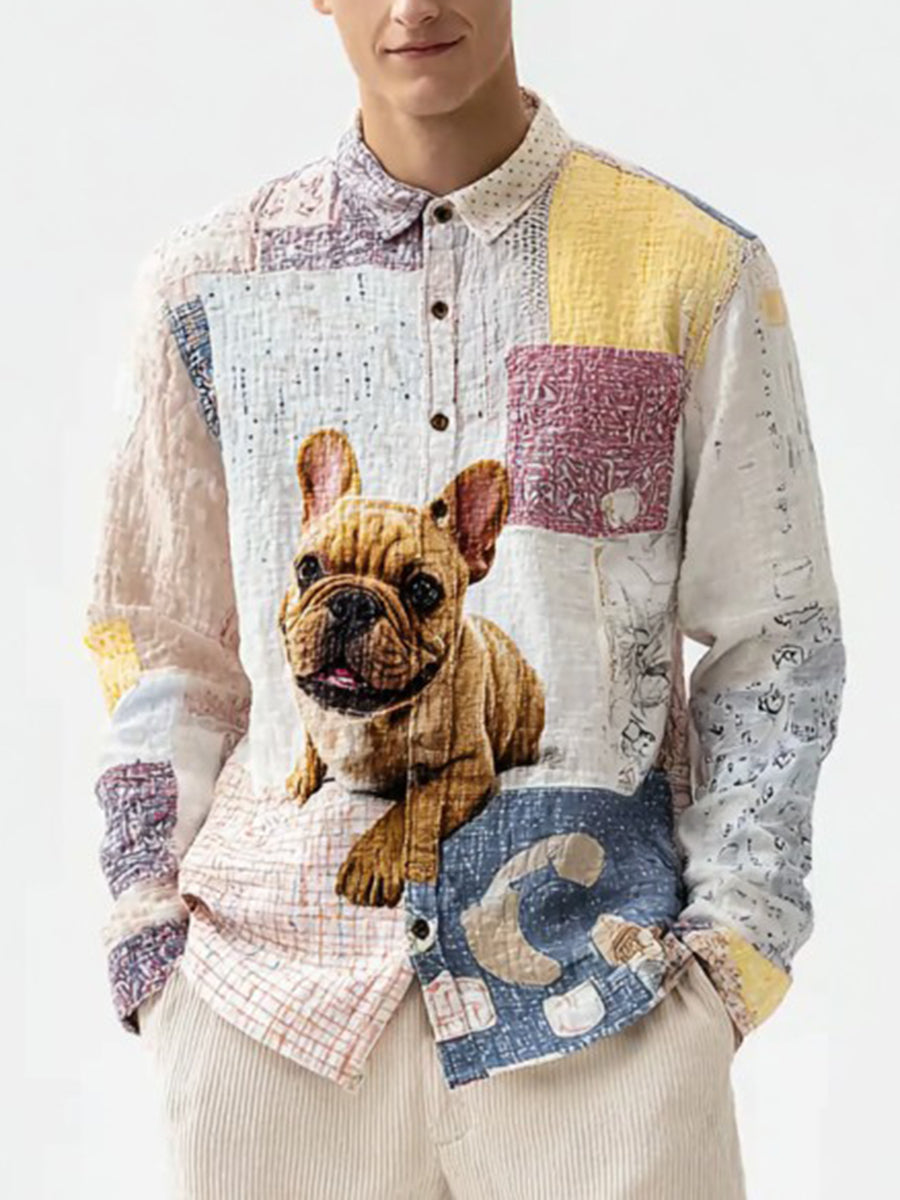 Men's Vintage Patchwork Dog Print Art Casual Shirt
