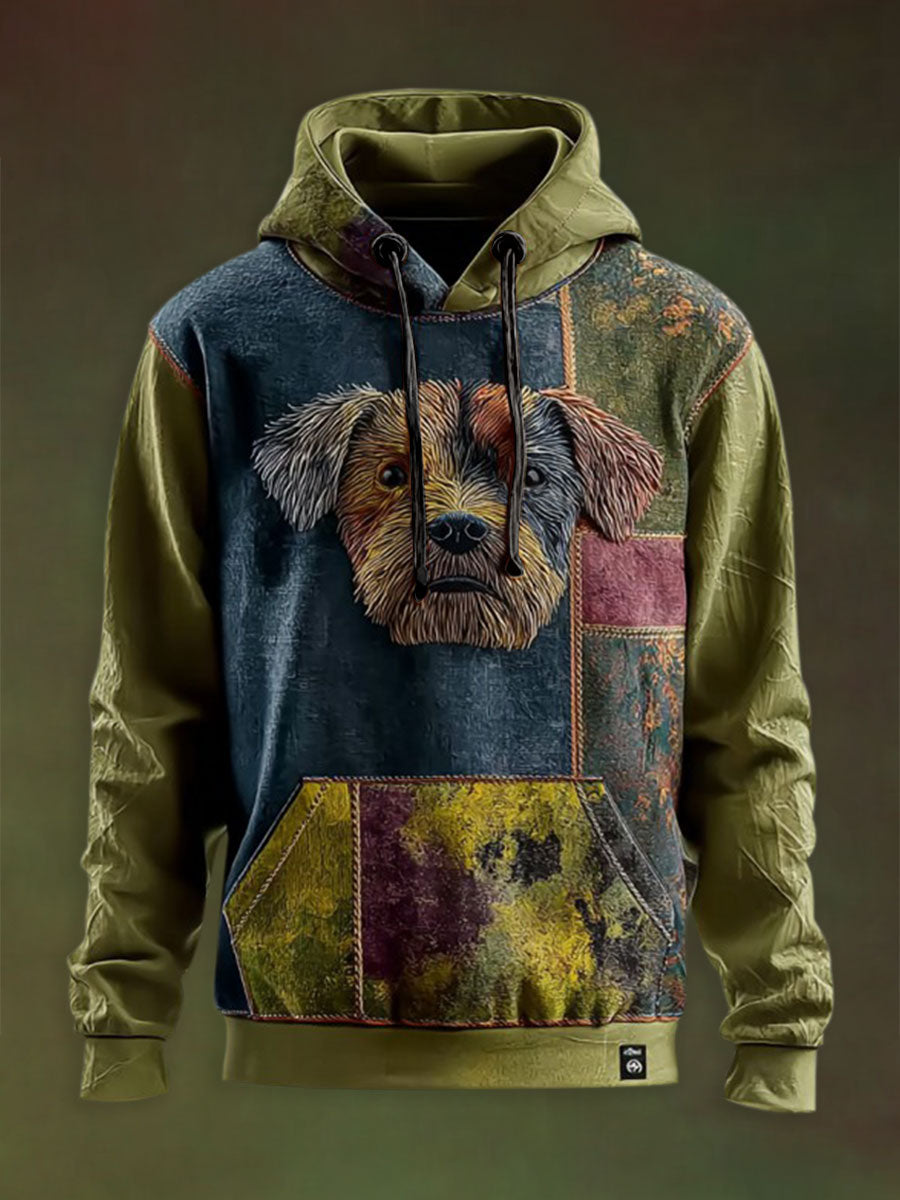 Vintage Patchwork Dog Print Art Casual Hoodie
