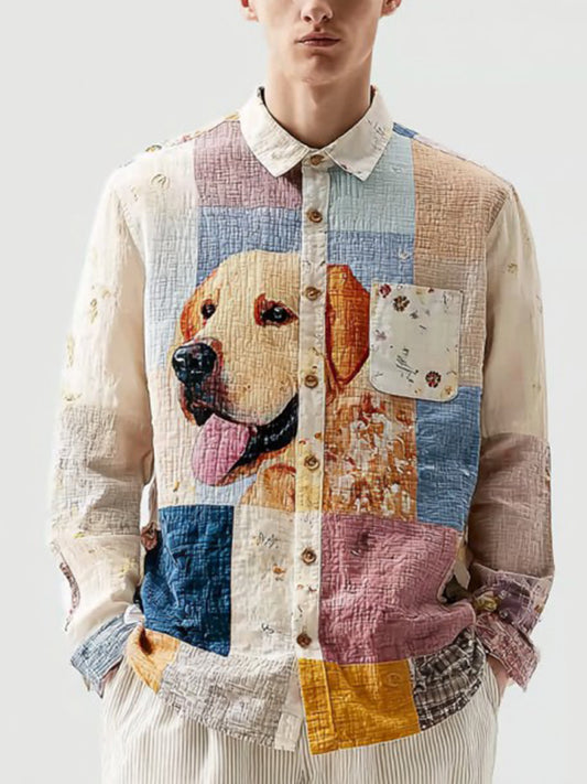 Men's Vintage Patchwork Dog Print Art Casual Shirt