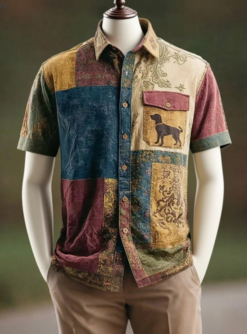 Men's Vintage Patchwork Dog Print Art Casual Shirt