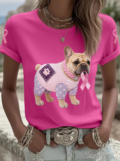 Women's Pink Dog Pink Ribbon Breast Cancer Awareness Support Tee