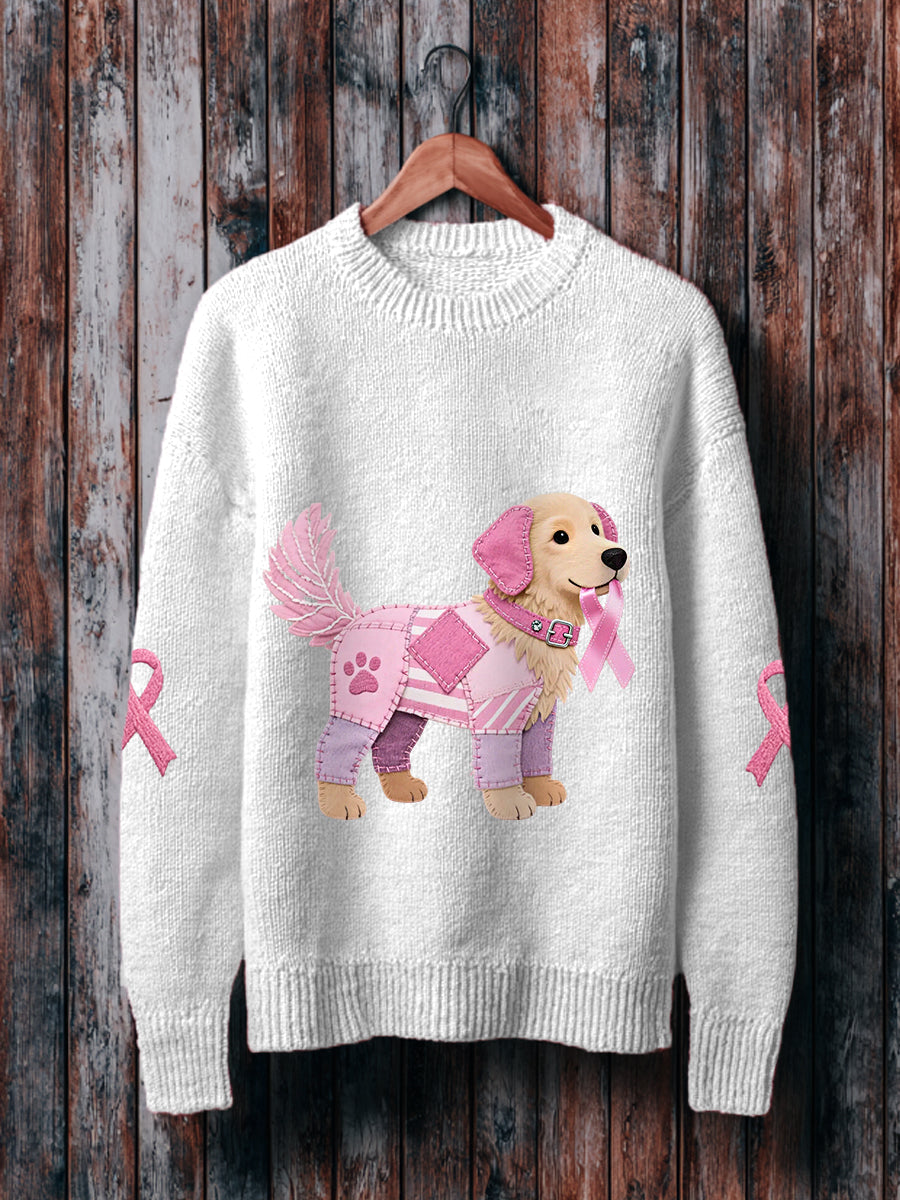 Women's Pink Dog Pink Ribbon Breast Cancer Awareness Support Sweater