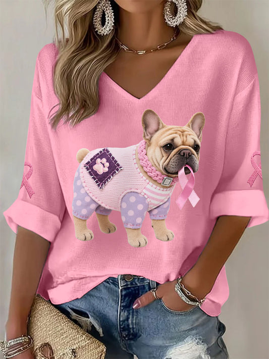 Women's Pink Dog Pink Ribbon Breast Cancer Awareness Support Long-Sleeve Top