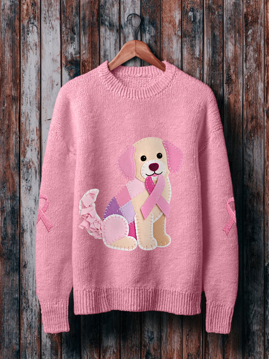 Women's Pink Dog Pink Ribbon Breast Cancer Awareness Support Sweater