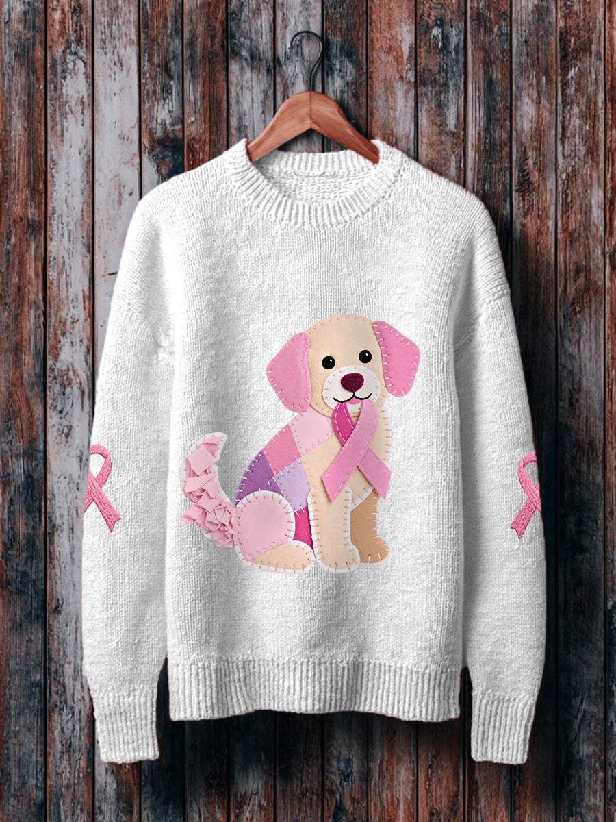 Women's Pink Dog Pink Ribbon Breast Cancer Awareness Support Sweater
