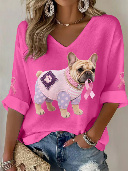 Women's Pink Dog Pink Ribbon Breast Cancer Awareness Support Long-Sleeve Top