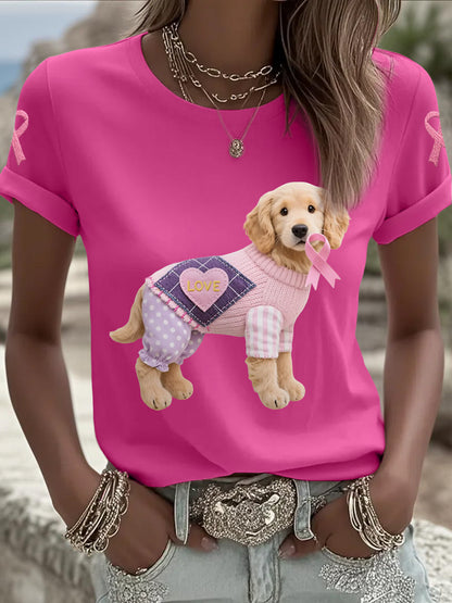 Women's Pink Dog Pink Ribbon Breast Cancer Awareness Support Tee
