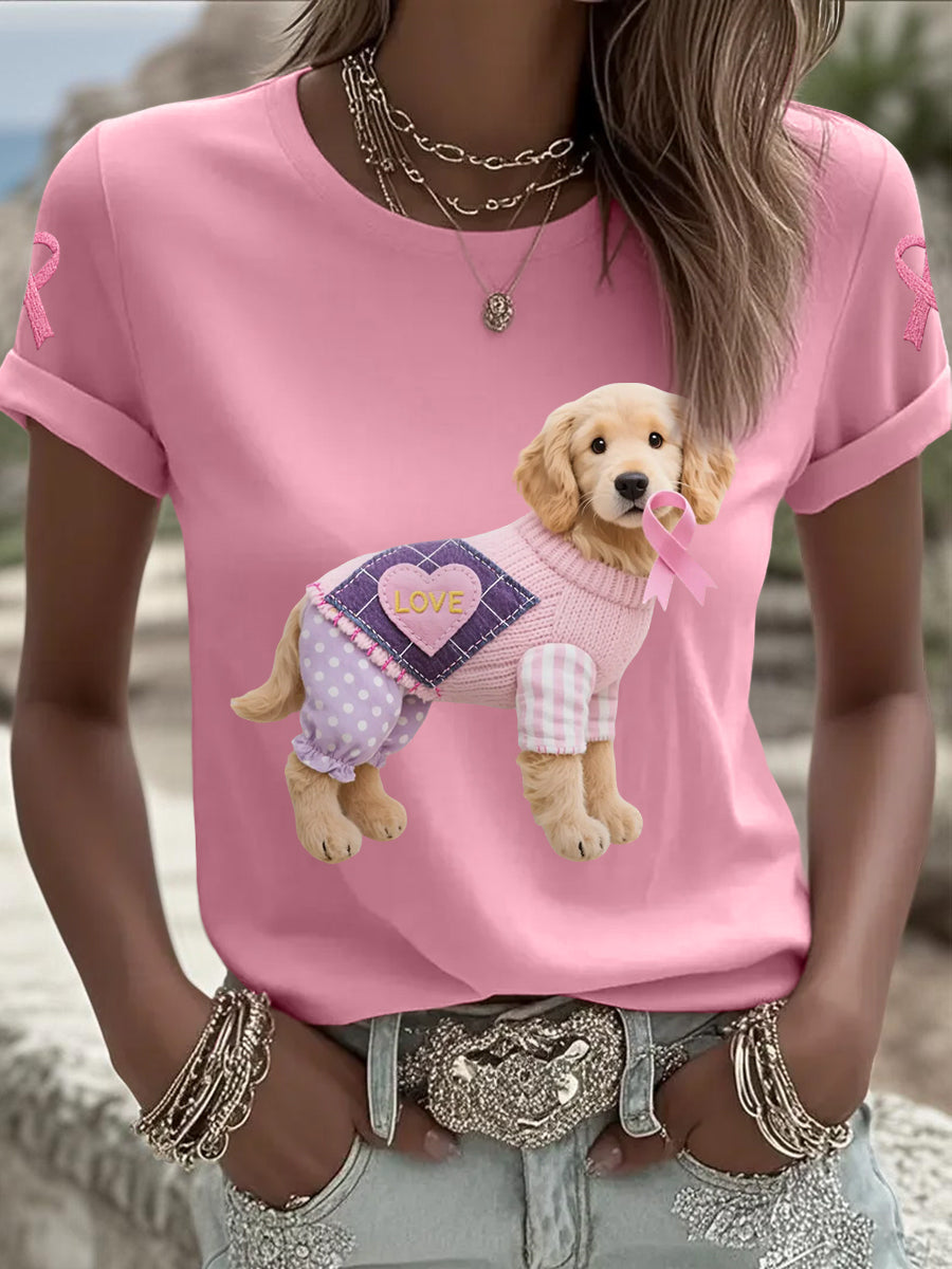 Women's Pink Dog Pink Ribbon Breast Cancer Awareness Support Tee