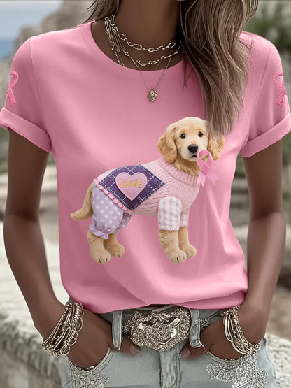 Women's Pink Dog Pink Ribbon Breast Cancer Awareness Support Tee