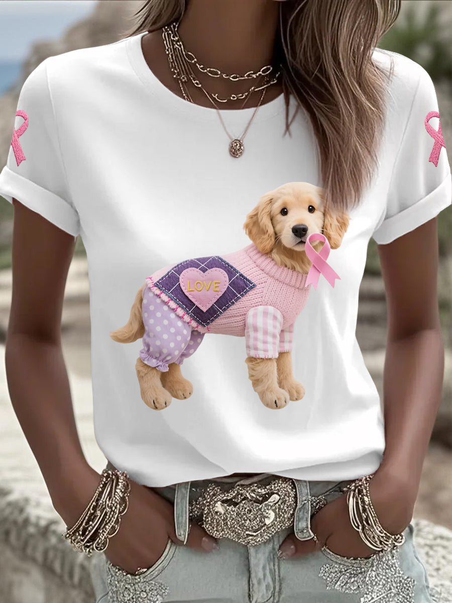 Women's Pink Dog Pink Ribbon Breast Cancer Awareness Support Tee