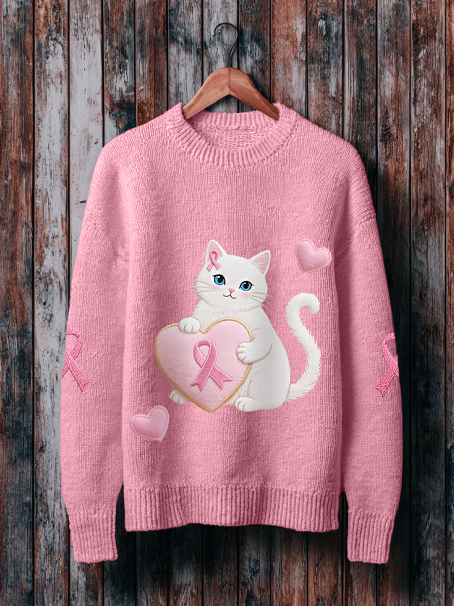Women's Pink Cat Pink Ribbon Breast Cancer Awareness Support Sweater