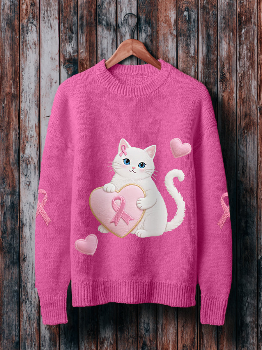 Women's Pink Cat Pink Ribbon Breast Cancer Awareness Support Sweater