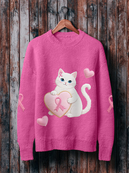 Women's Pink Cat Pink Ribbon Breast Cancer Awareness Support Sweater