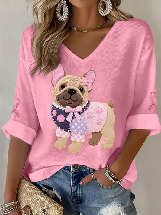 Women's Pink Dog Pink Ribbon Breast Cancer Awareness Support Long-Sleeve Top