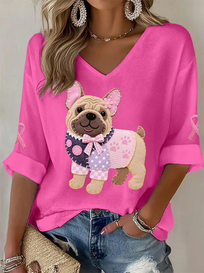 Women's Pink Dog Pink Ribbon Breast Cancer Awareness Support Long-Sleeve Top