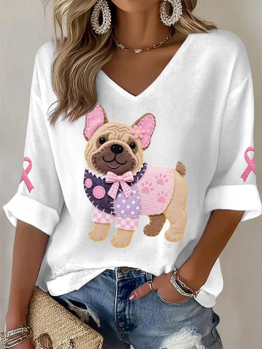 Women's Pink Dog Pink Ribbon Breast Cancer Awareness Support Long-Sleeve Top