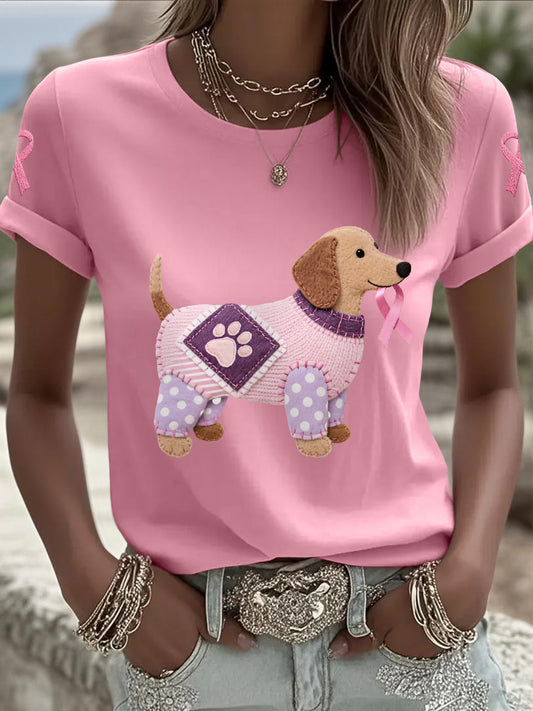 Women's Pink Dog Pink Ribbon Breast Cancer Awareness Support Tee
