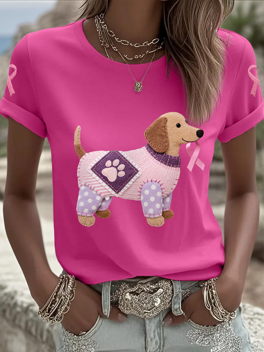 Women's Pink Dog Pink Ribbon Breast Cancer Awareness Support Tee