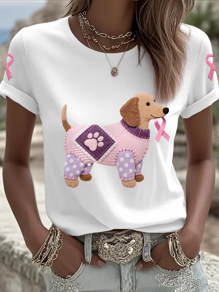 Women's Pink Dog Pink Ribbon Breast Cancer Awareness Support Tee