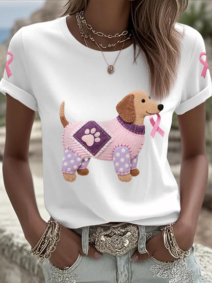 Women's Pink Dog Pink Ribbon Breast Cancer Awareness Support Tee