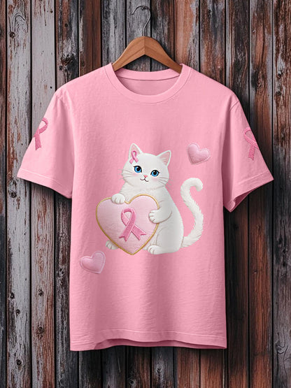 Women's Pink Cat Pink Ribbon Breast Cancer Awareness Support Tee