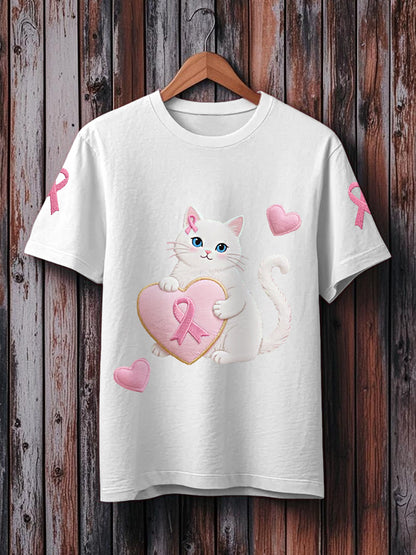 Women's Pink Cat Pink Ribbon Breast Cancer Awareness Support Tee