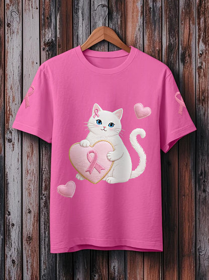 Women's Pink Cat Pink Ribbon Breast Cancer Awareness Support Tee