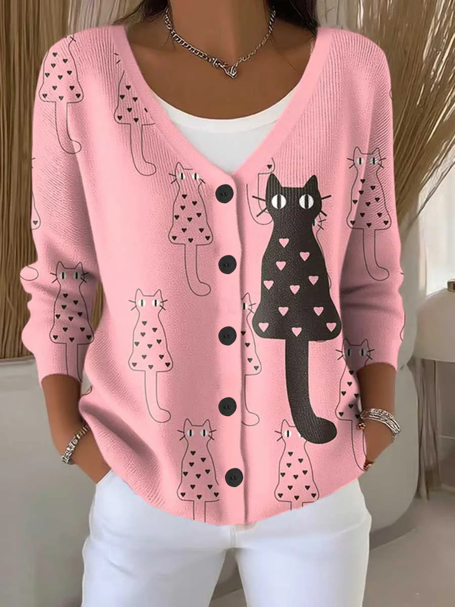 Women's CAT Breast Cancer Awareness Print Buttoned V-neck Cardigan Sweater